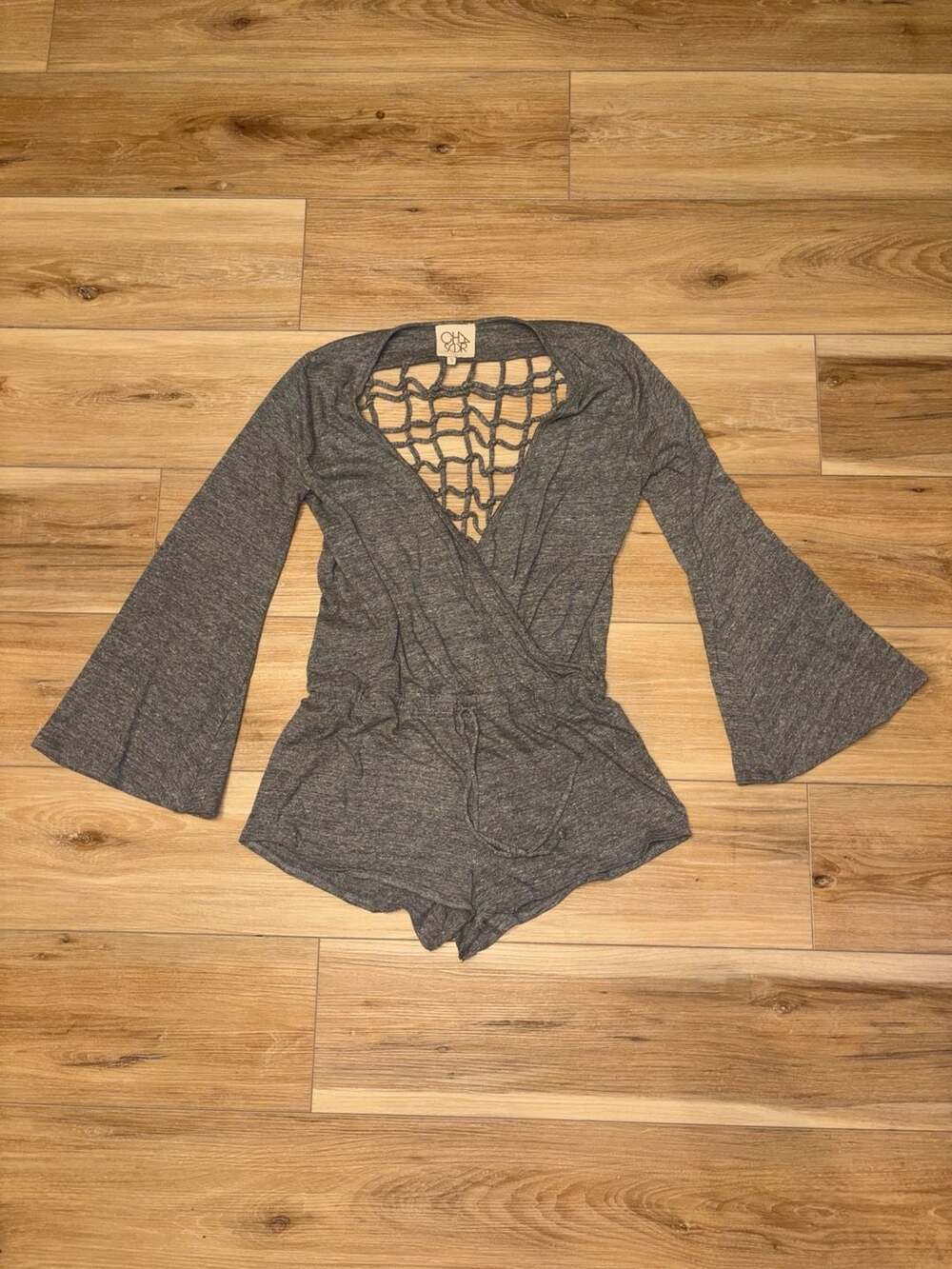 Chaser Grey Heathered Long Sleeve Macrame Back Romper Size S